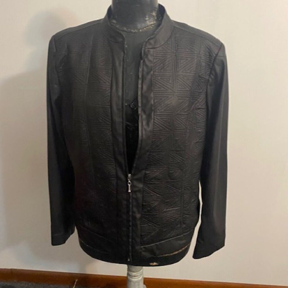 Tan Jay Black Geometric Print front zip Faux Leather jacket, size 14